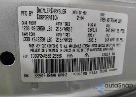 2005 Dodge Grand Caravan Se z USA, uszkodzony, nr VIN 1D8GP24R55B129556